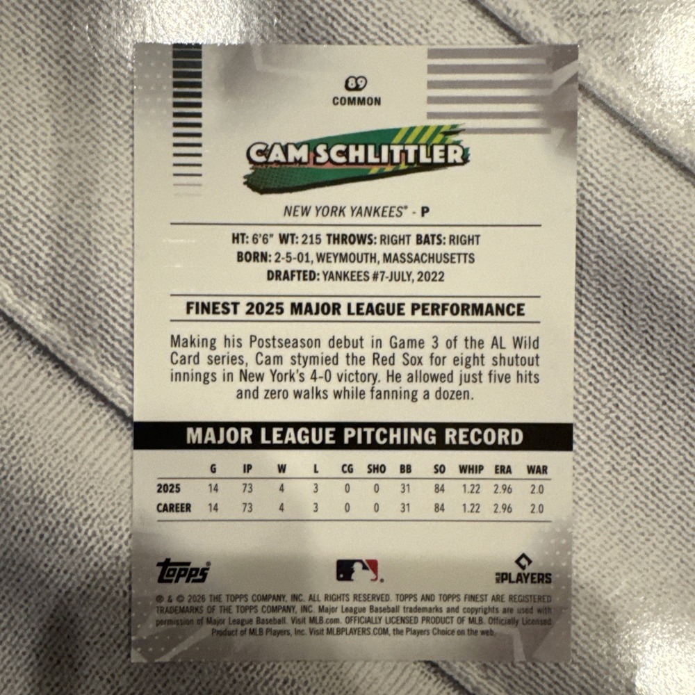 2026 Topps Finest Cam Schlittler RC Common Base New York Yankees Baseball Card - Picture 2 of 2